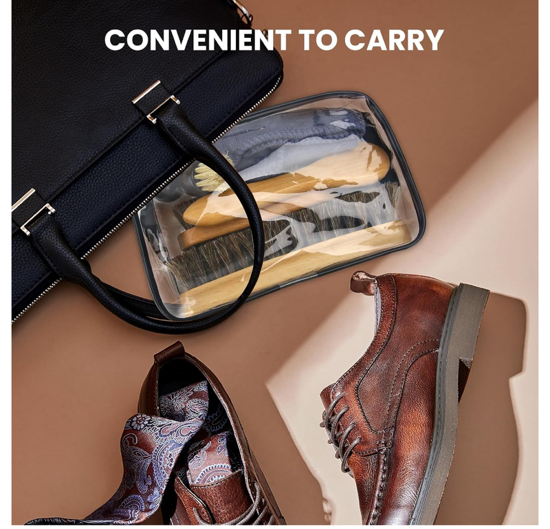 IKI 6 Pcs Horse Hair Shoe Brush Kit for Suede, Leather & Boots Cleaning with Microfiber Cloth & Travel Pouch