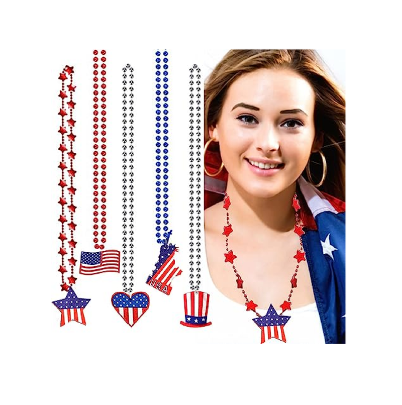 Independence Day Necklace 4th of July Metallic Beads Red Bule Silver Patriotic Star Bead Necklaces for 4th of July Independence Day Patriotic Parade Carnival Decoration