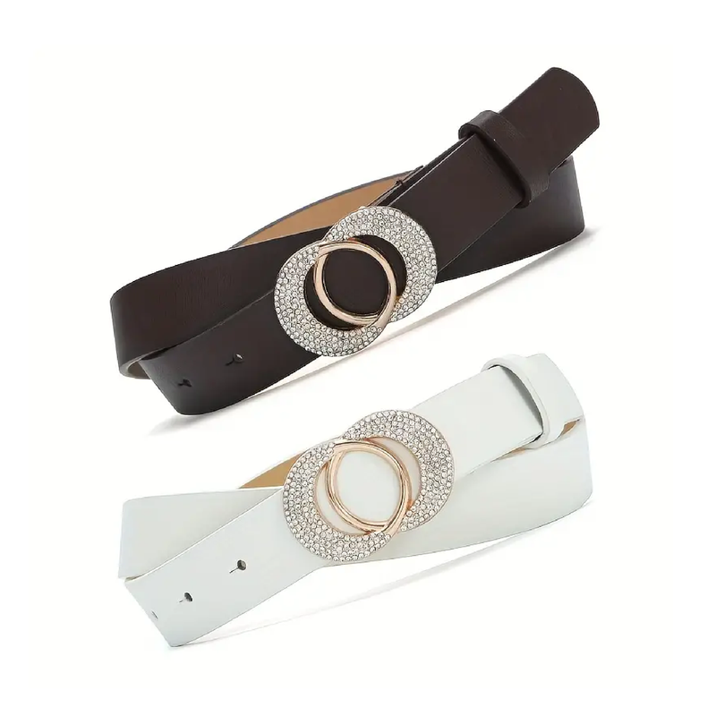 Inlaid Artificial Diamond Double Round Buckle Belt Versatile Dress Decorative Leather Belt For Girls