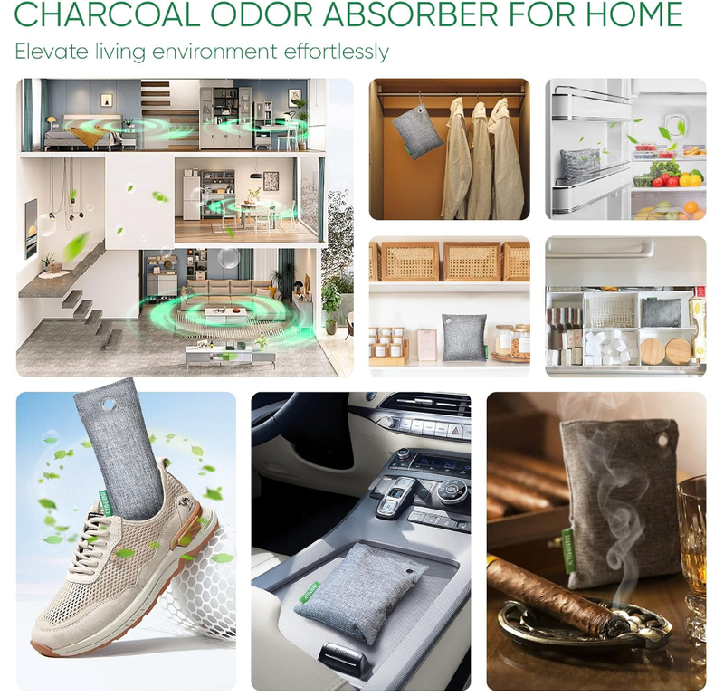 Activated Charcoal Odor Absorber, 6 Pack Natural Shoe Odor Eliminator, Bamboo Charcoal Air Purifying Bags,