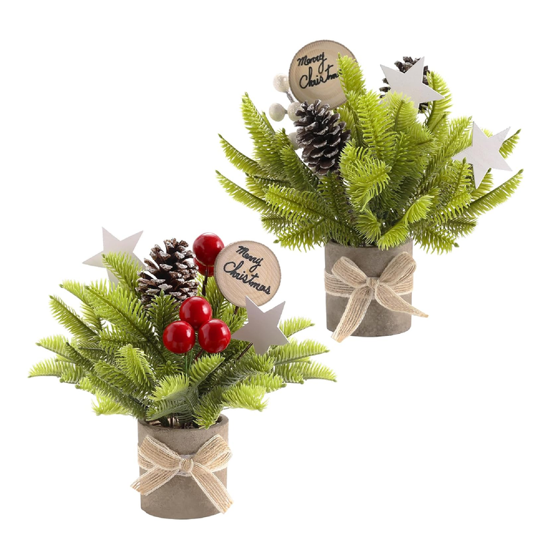 JIALEIXI 2PCS Small Christmas Tree,Tabletop Mini Xmas Tree,9" Artificial Little Potted for Christmas Decor,Suitable for Weddings, Holidays, Christmas and Other Festivals.(Red/Green/White)