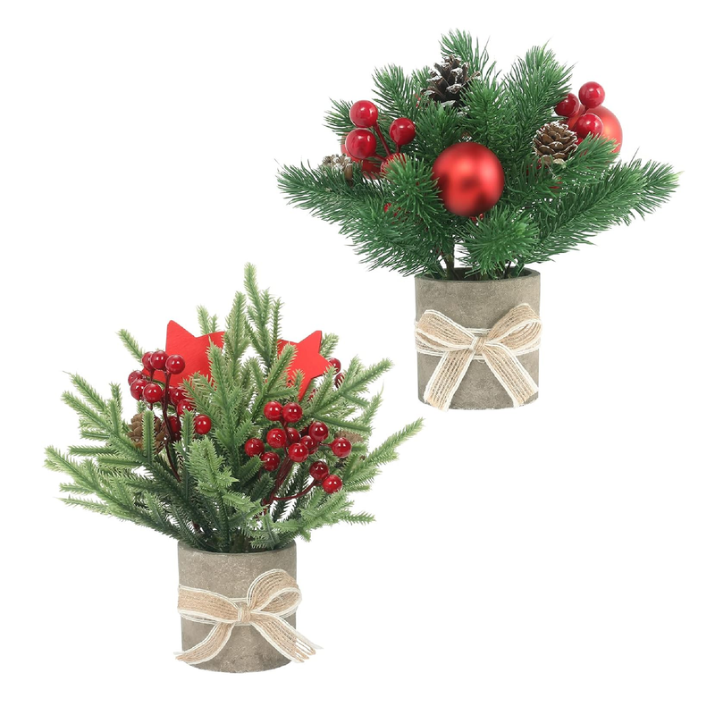 JIALEIXI 2PCS Small Christmas Tree,Tabletop Mini Xmas Tree,9" Artificial Little Potted for Christmas Decor,Suitable for Weddings, Holidays, Christmas and Other Festivals.(Star/Ball)
