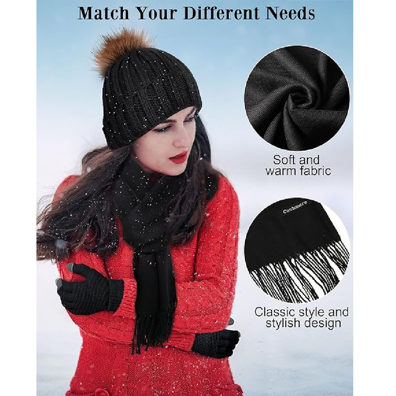 JaGely 8 Pcs Women Winter Warm Beanie Hat Glove Knit Set Faux Fur Pompom Skull Caps 