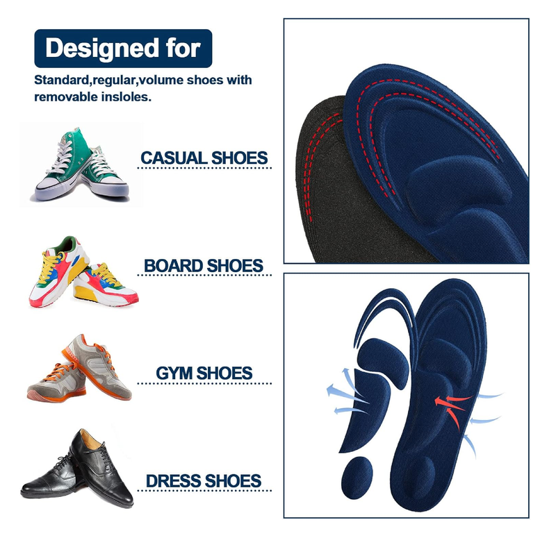 Janmercy 8 Pairs Arch Support Insoles for Men 5d Sponge Shoe Insoles Replacement Innersoles Comfort Cushioning Shoe Inserts