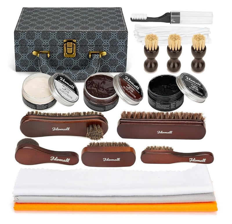 Shoe Care Kit - 16pc, Blue: Premium Deluxe Shoe Polish Kit - Black, Brown & Neutral Polish, Horsehair Brushes,