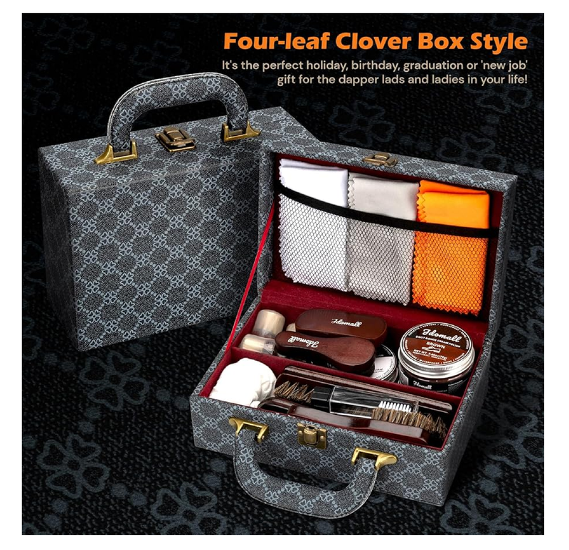 Shoe Care Kit - 16pc, Blue: Premium Deluxe Shoe Polish Kit - Black, Brown & Neutral Polish, Horsehair Brushes,