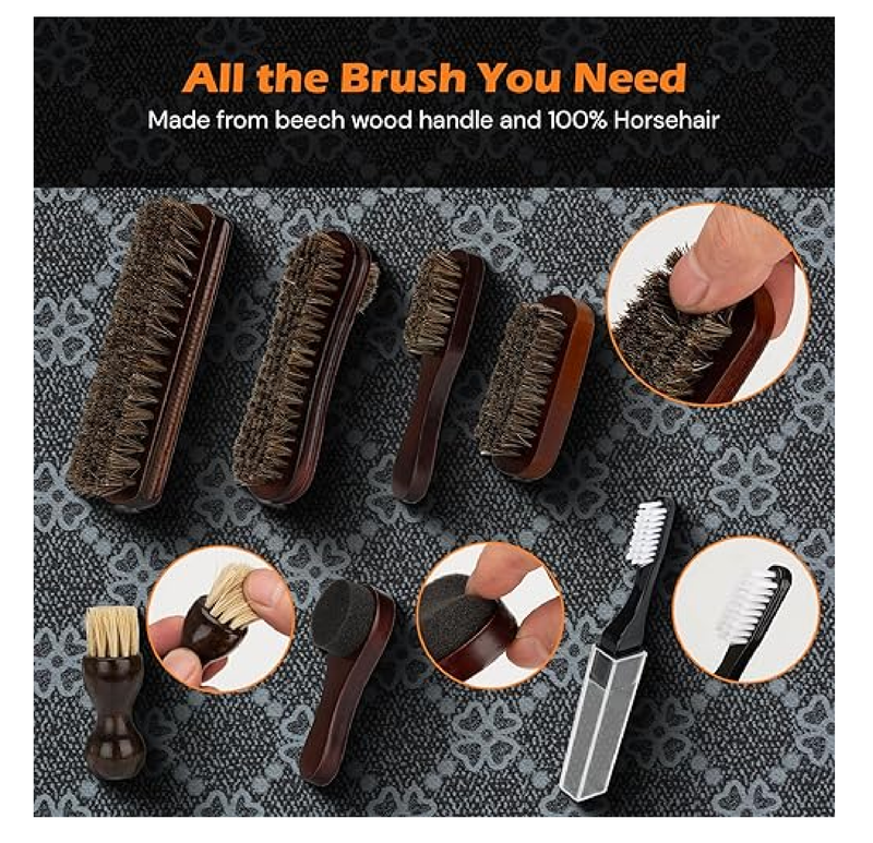 Shoe Care Kit - 16pc, Blue: Premium Deluxe Shoe Polish Kit - Black, Brown & Neutral Polish, Horsehair Brushes,