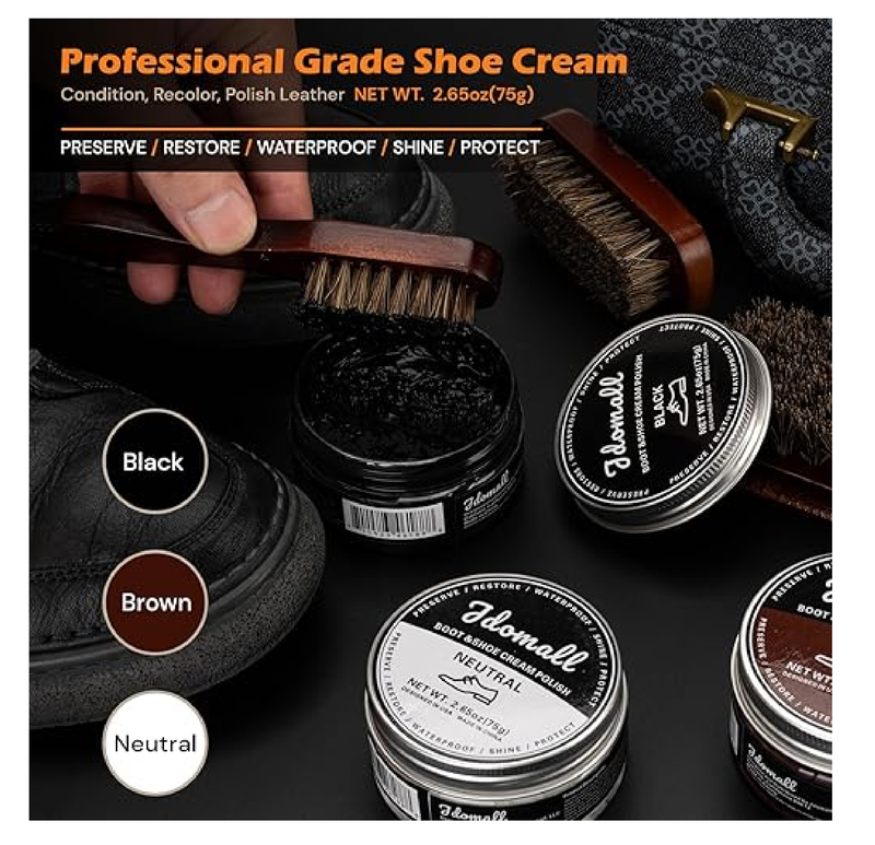 Shoe Care Kit - 16pc, Blue: Premium Deluxe Shoe Polish Kit - Black, Brown & Neutral Polish, Horsehair Brushes,