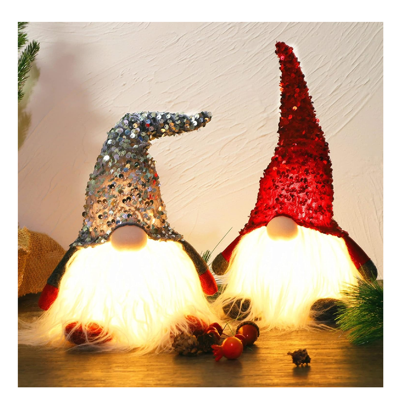 Juegoal 12" Lighted Christmas Gnome, Handmade Sequins Hat Scandinavian Swedish Tomte