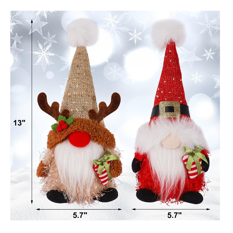 Juegoal 2 Pack Lighted Christmas Gnomes, 13 Inch Handmade Plush Santa and Elk Gnome, Light Up Scandinavian Swedish Tomte Toy Holiday Present, Battery Operated Xmas Gifts Winter Mantle Tabletop Decor