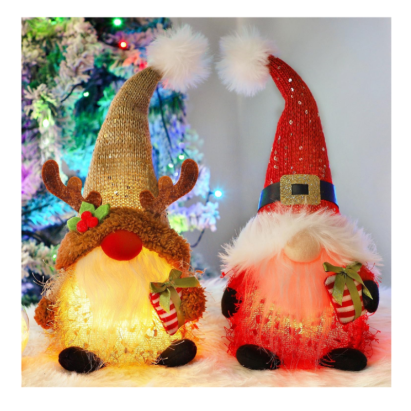 Juegoal 2 Pack Lighted Christmas Gnomes, 13 Inch Handmade Plush Santa and Elk Gnome, Light Up Scandinavian Swedish Tomte Toy Holiday Present, Battery Operated Xmas Gifts Winter Mantle Tabletop Decor