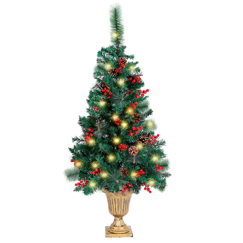 Juegoal 4 FT Christmas Tree, Upgrade Pre-Lit Crestwood Spruce Entrance Tree with 120 LEDs Lights, Pine Cones, Red Berries in Gold Urn Base for Front Door, Porch, Entryway Xmas Home Decorations, 1 Pack