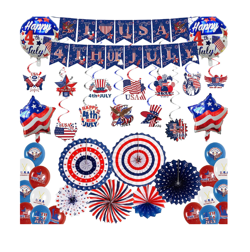 79pcs 4th of July Decorations Independence Day Patriotic Decor 4th of July Decorations Outdoor Banner Hanging Swirl Pentagram US Flag Balloon Blue Red White Paper Fan 4th of July Decorations for Home