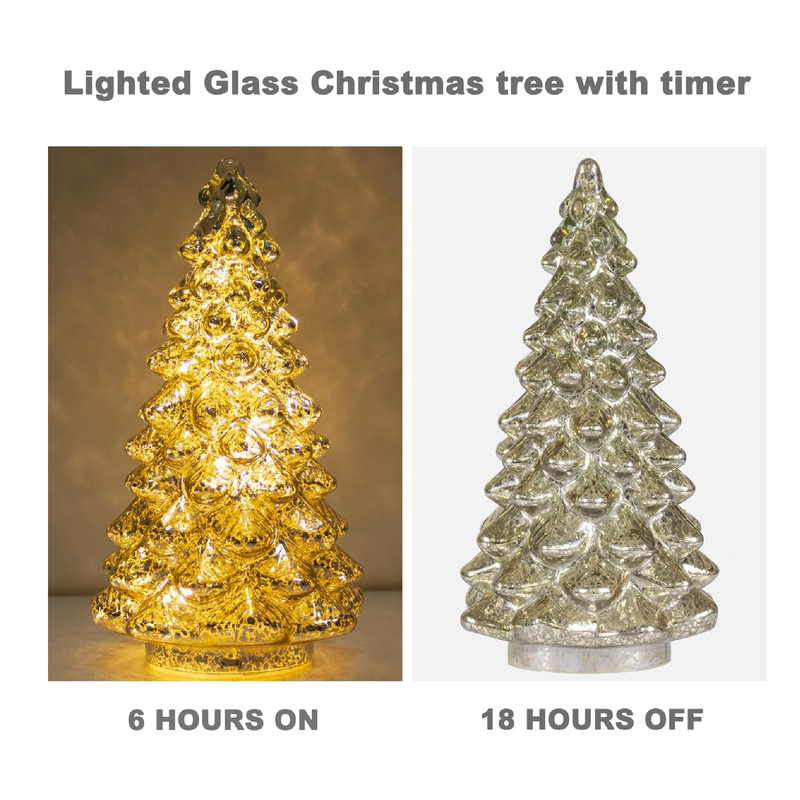 KI Store Lighted Glass Christmas Tree Figurine with Timer Set of 3 Mercury Glass Christmas Decoration Battery Operated for Centerpieces Window Tabletop Mantel