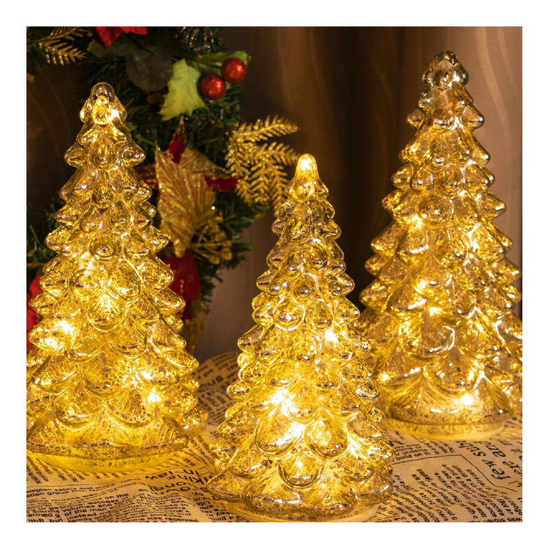 KI Store Lighted Glass Christmas Tree Figurine with Timer Set of 3 Mercury Glass Christmas Decoration Battery Operated for Centerpieces Window Tabletop Mantel