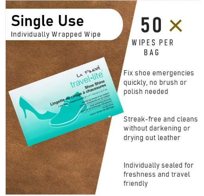 LA Fresh Travel Lite Pre-Moistened Shoe Shine Wipes Pack of 50 Individually Wrapped Streak-Free