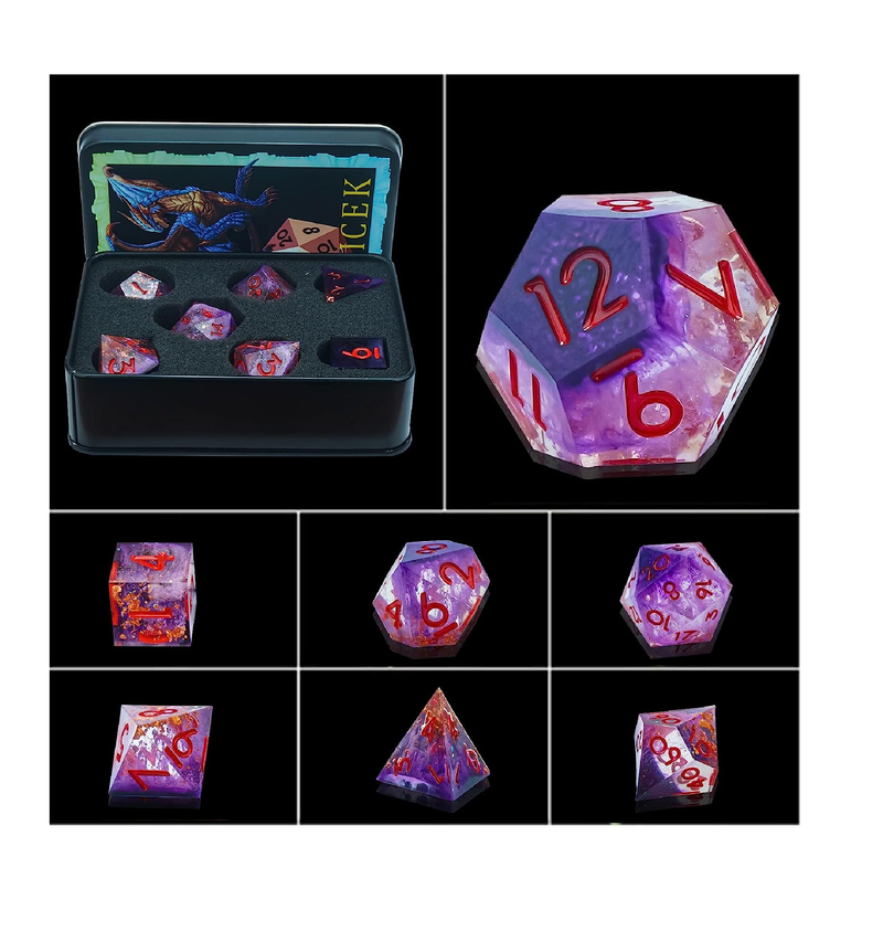 LDICEK 7pcs Resin Dice Set Sharp Edged DND Dice Set with Dice Case Handmade Polyhedral D&D Dice Colorful Dungeons and Dragons Game Dice for Dungeons and Dragons RPG MTG Table Games