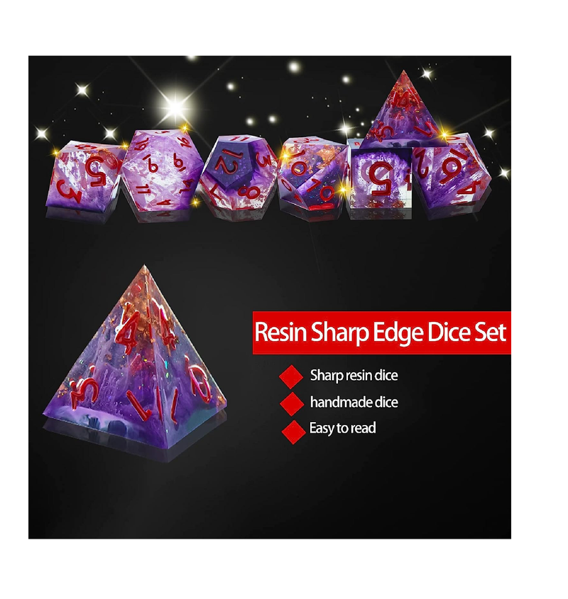 LDICEK 7pcs Resin Dice Set Sharp Edged DND Dice Set with Dice Case Handmade Polyhedral D&D Dice Colorful Dungeons and Dragons Game Dice for Dungeons and Dragons RPG MTG Table Games