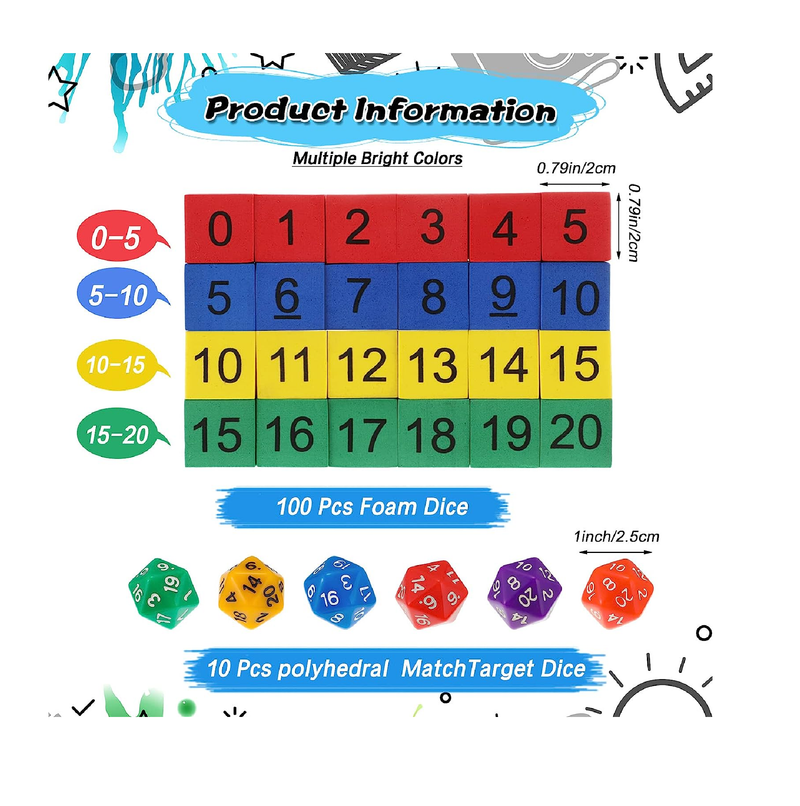 Lenwen 100 Pcs Foam Dice and 10 Polyhedral Dice Set Bulk Number Cubes 20 Sided Dice with Numbers Multi Colored Gaming Dice for