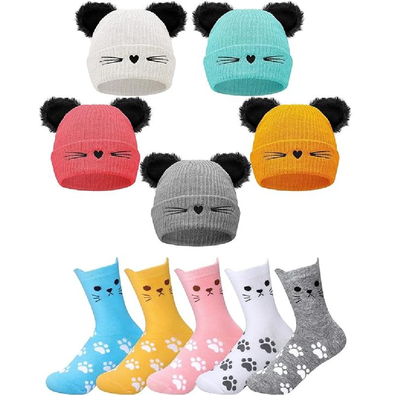 Liitrsh 10 Pcs Cute Cat Socks and Cat Ears Knit Beanie Hats Set