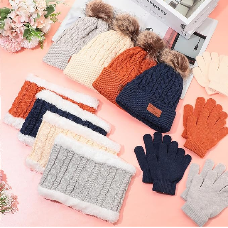 Liitrsh 4 Sets Kids Winter Hat Gloves Scarf Set Children Hats Neck Warmer Winter Gloves