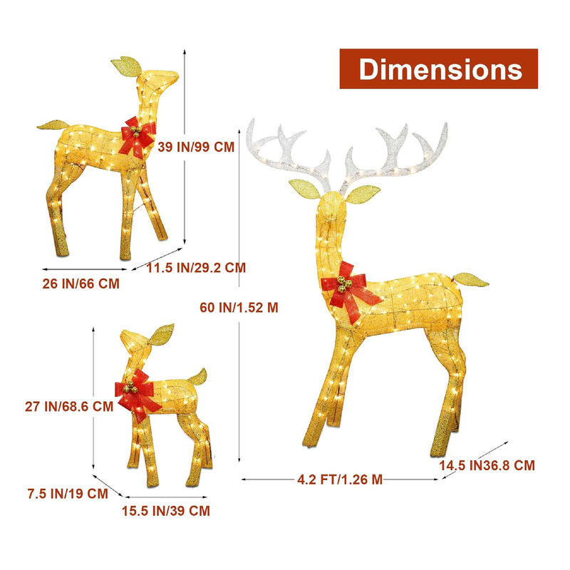 Lulu Home Set of 3 Pre-lit Golden Reindeer with 210 LEDs Warm White Lights, 3D Light Up Glittered Standing Reindeer Family for Xmas Lighted Holiday Display Indoor Outdoor