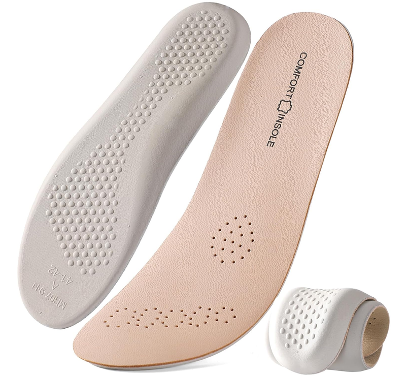 Leather Sockless Shoe Insoles for Men, Thin Dress Work Boots Inserts