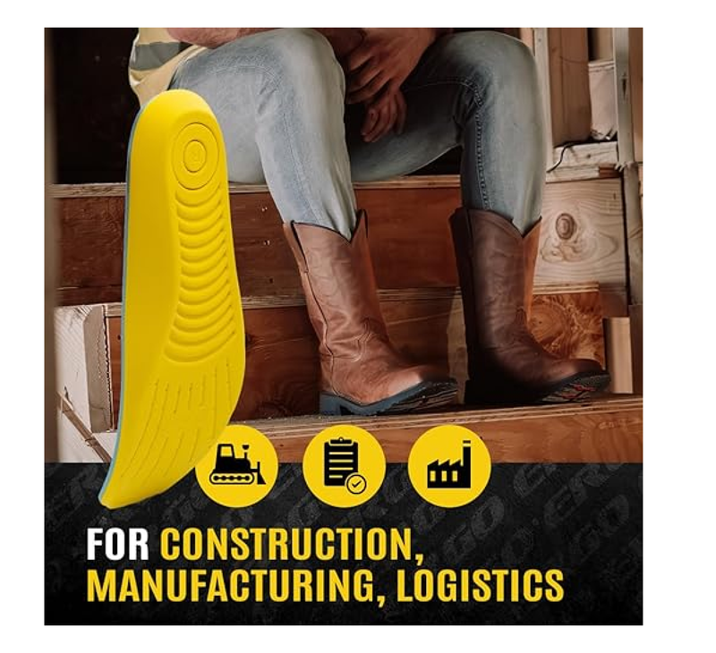 MEGAComfort Ergonomic Square Toe Insoles for Men, Women - Anti-Fatigue Memory Foam for Boots - Construction