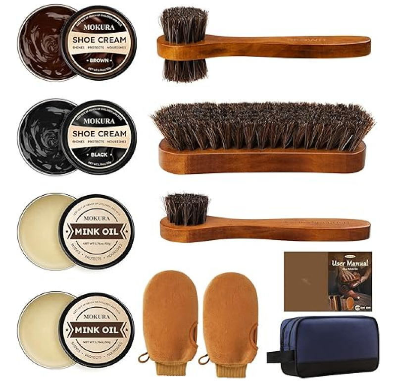 MOKURA Shoe Polish Kit for Men Women, 11Pcs Shoe Shine Kits Include Mink Oil Conditioner,