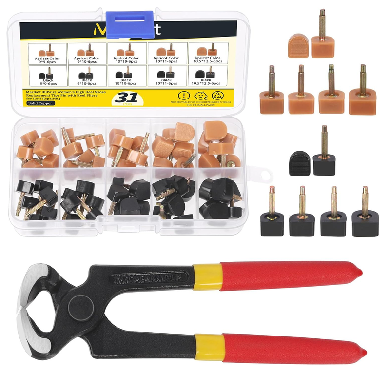 30 Pairs 5 Sizes High Heel Replacement Tips Pin Kit with 6" Heel Caps Remove Pliers, 9/10/10.5/11/12.5mm 2 Pins