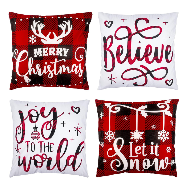 Christmas Decorations Pillow Covers 16x16 Set of 4 Red Black Buffalo Check Plaid Pillow Cases Christmas Decor Pillow Covers for Sofa Couch Christmas