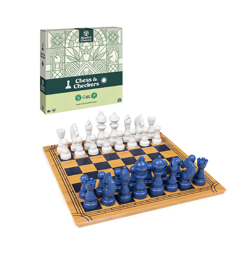 Mindful Classics Chess Checkers Board Game Set with Bamboo Wooden Box Family Board Games Eco Friendly Gift for Adults and Kids Ages 8 and up