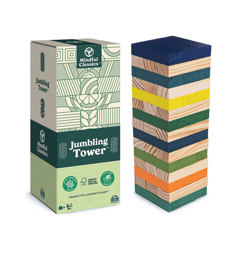 Mindful Classics Jumbling Tower Sustainable Wooden Blocks Tumbling Toppling Bamboo Wood Party Stacking Game for Adults and Kids Ages 8 and up