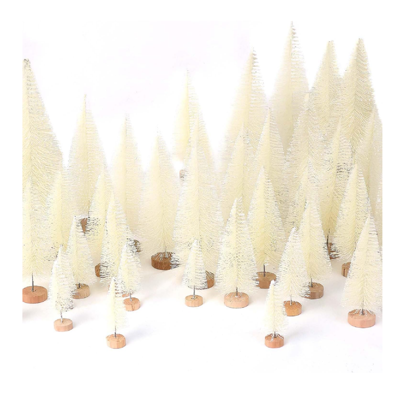 30Pcs Mini Christmas Trees Artificial Christmas Tree Bottle Brush Trees with Wooden Base for Christmas Decor Christmas Party Home Table Craft Decorations(Beige)