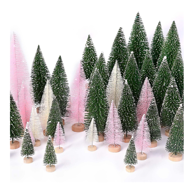 30Pcs Mini Christmas Trees Artificial Christmas Tree Bottle Brush Trees with Wooden Base for Christmas Decor Christmas Party Home Table Craft Decorations(Green+Beige+Pink)