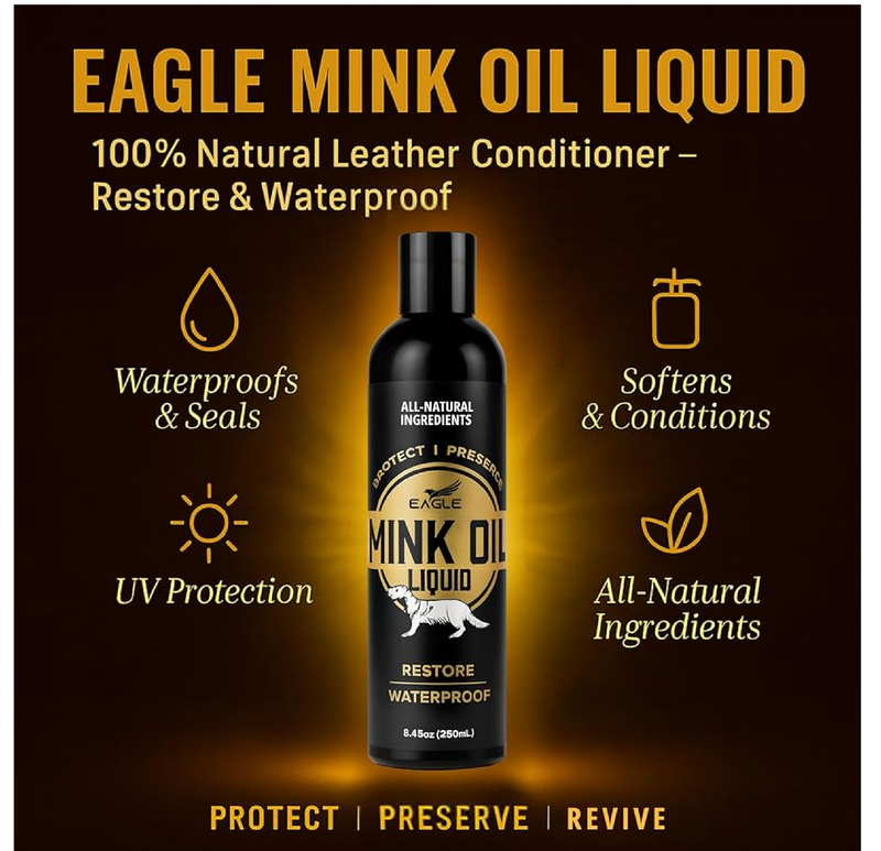 Mink Oil Liquid Leather Conditioner 8oz with Cloth – Softens, Waterproofs & Preserves Boots, Shoes, Bags, Jackets & Furniture