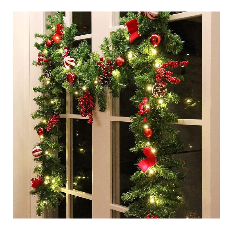 MorTime 9 FT LED Christmas Garland with Pinecones Red Berries Bows Christmas Balls Candies, Multi-Function Christmas Garland with 50 Warm White LED Lights, 180 Branch Tips