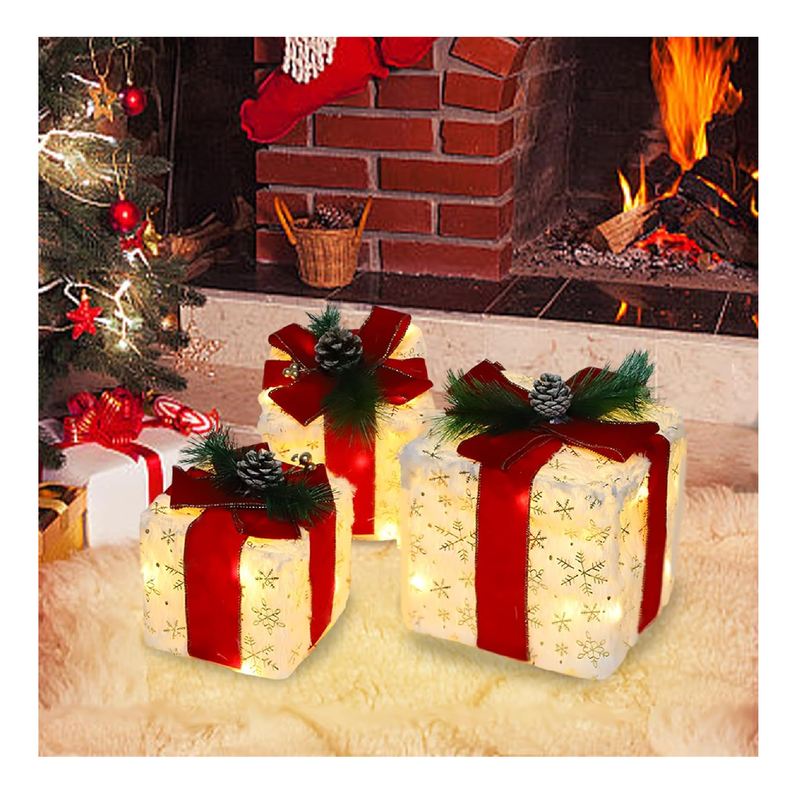 MorTime Christmas Lighted Boxes with Bows, Set of 3 Plush Gift Boxes with Gold Snowflake Pinecone Berry, Present Boxes with 60 LEDs for Christmas Decorations