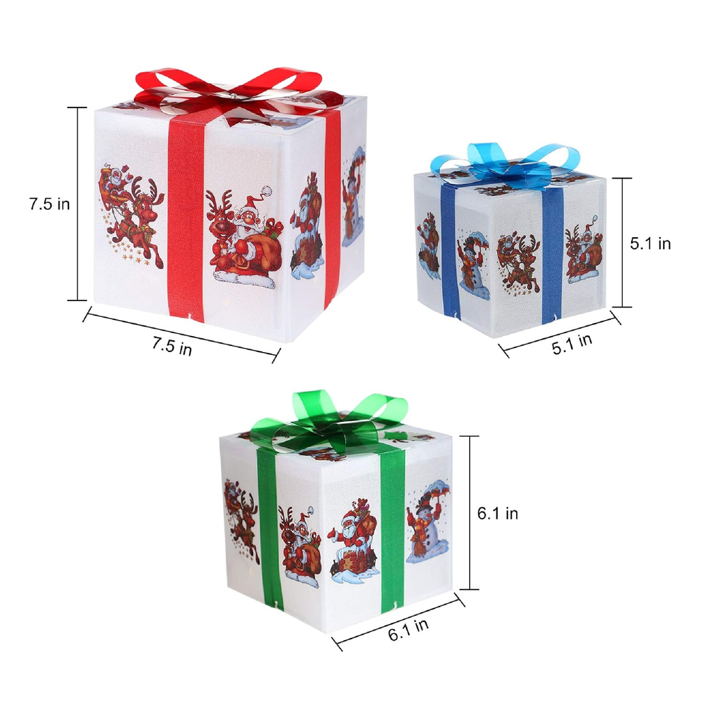 MorTime Set of 3 Lighted Boxes with Bows, Santa Claus Reindeer Snowman