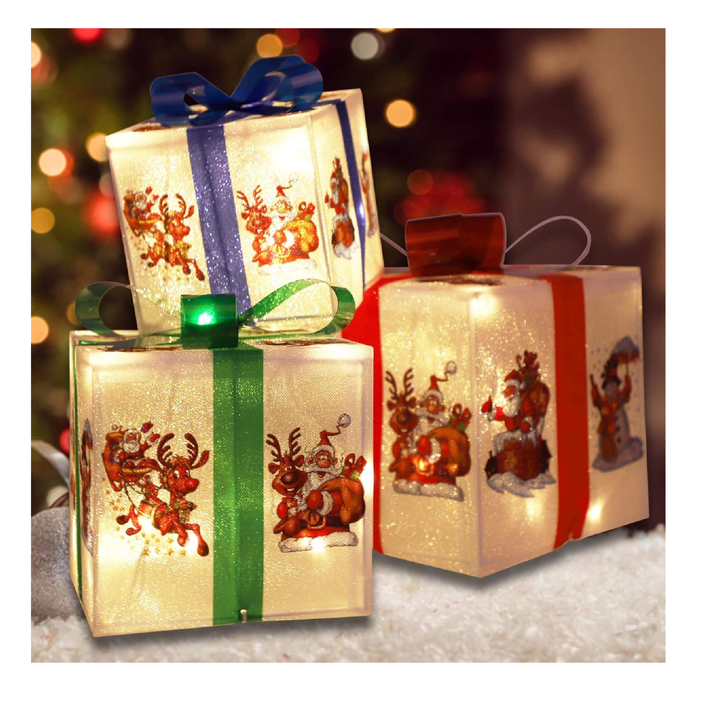 MorTime Set of 3 Lighted Boxes with Bows, Santa Claus Reindeer Snowman