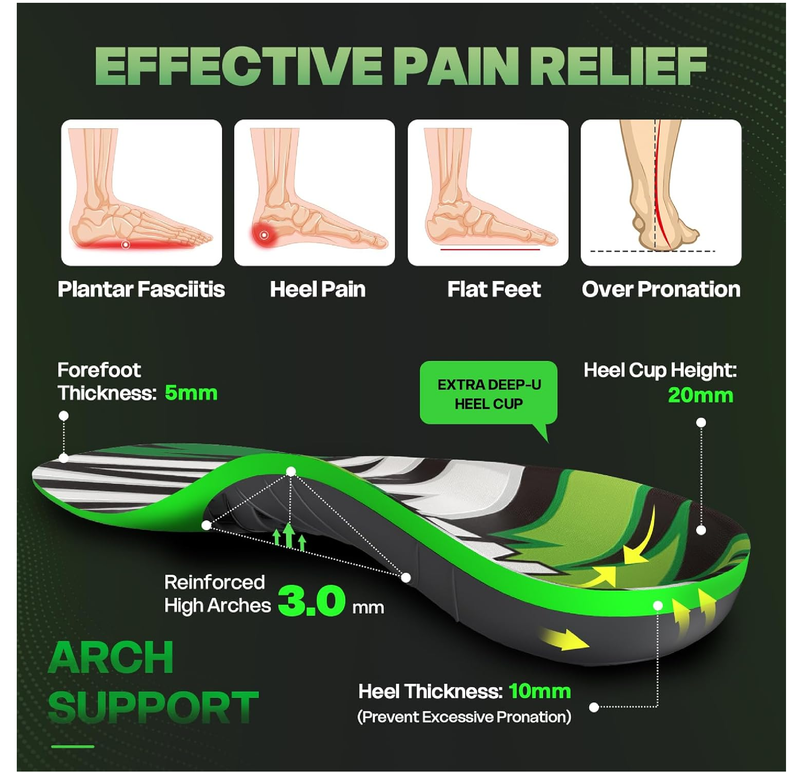 Dynamic Spring Plantar Fasciitis Insoles for Flat Feet, 250 lb Heavy Duty Work Boot Insoles for Men Women,