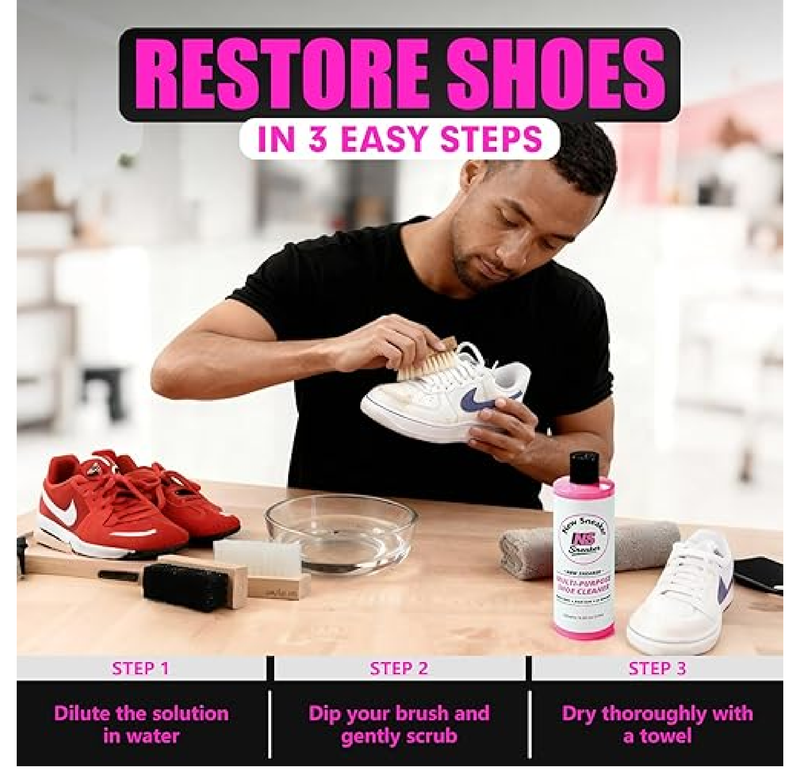 Shoe Cleaner Kit – Large 10.5oz Bottle with 3 Durable Brushes & Microfiber Towel – Quick & Easy Cleaning for Sneakers,