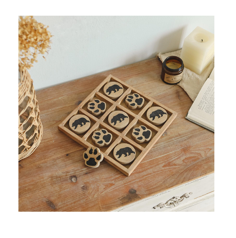 NIKKY HOME Cabin Tic Tac Toe Wood Game Rustic Coffee Table Decor Cute Bear Paw Decorative Wooden Board Travel Game for Kids Family