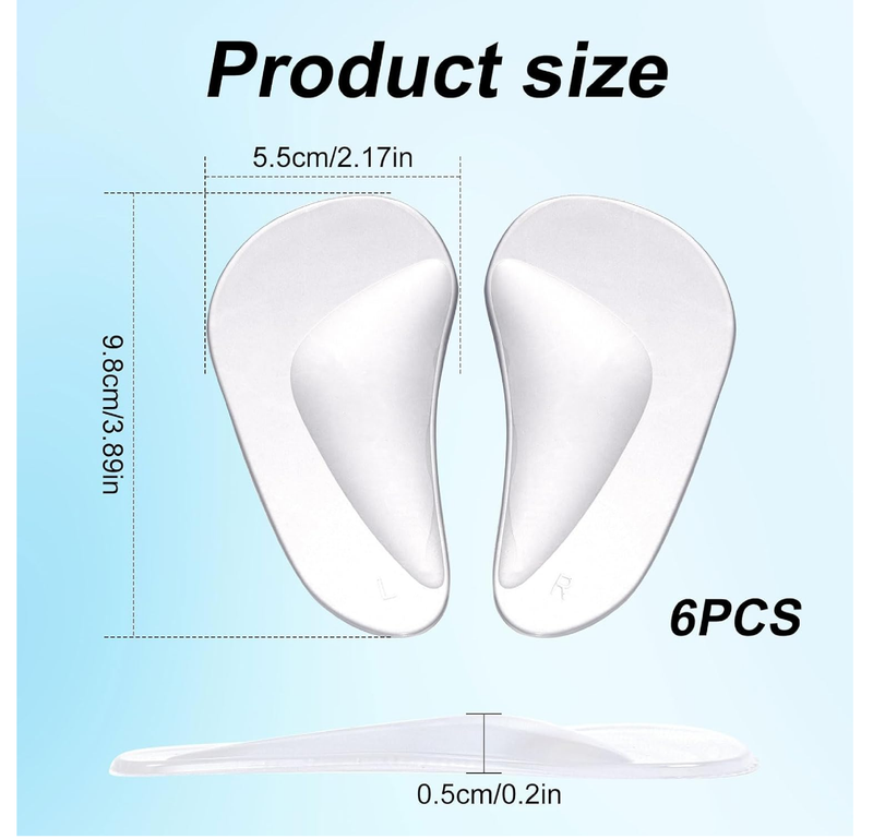 12pcs Arch Support Insoles, Transparent Gel Self-Adhesive Arch Support Shoe Inserts Soft Silicone Foot Arch Cushions Arch Comfort Pads