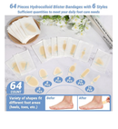 64 Pieces Hydrocolloid Blister Bandages for Feet - 6 Styles Waterproof Adhesive Blister Pads, Blister Patches for Heel,