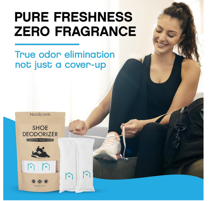 NonScents Shoe Deodorizer 2-Pack (4 Count) - Odor Eliminator, Air Freshener, Smell Absorber, Scent Remover for Shoes,