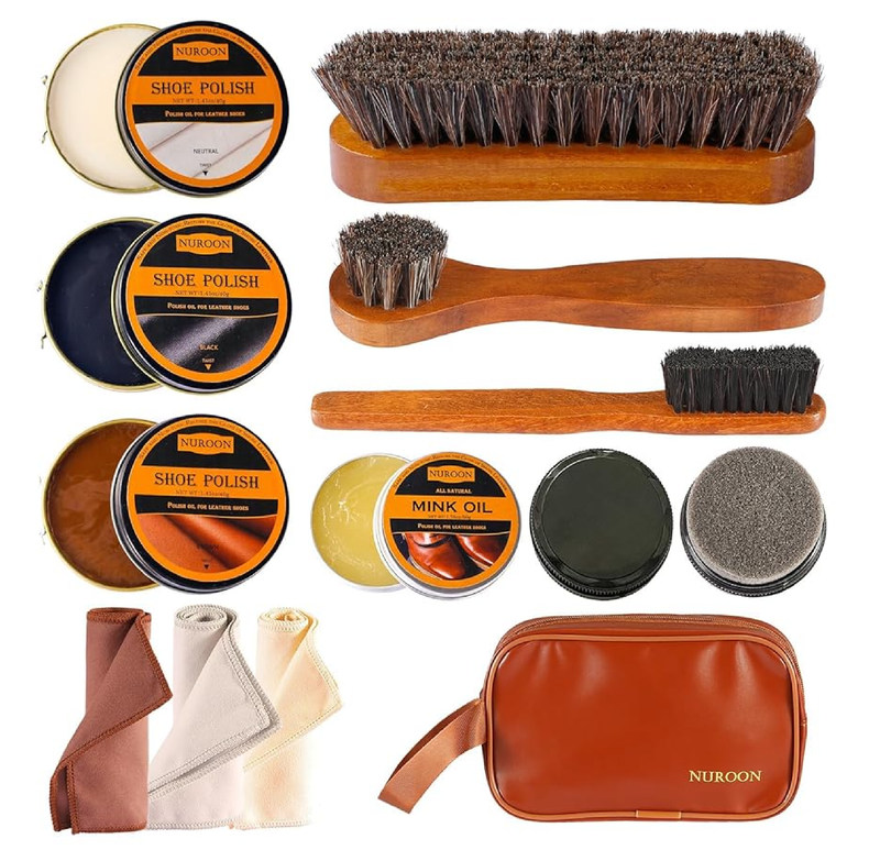 13Pcs Polish Kit for Men & Women - 3 Horsehair Brushes, Black Brown Neutral Mink Oil for Shoes, Boots Shine Care Kit