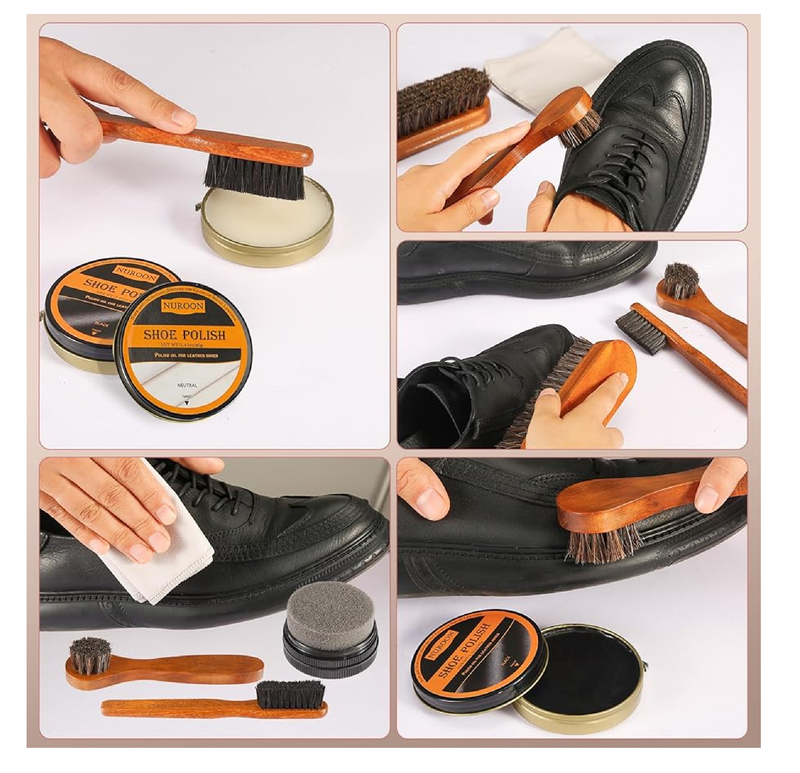 13Pcs Polish Kit for Men & Women - 3 Horsehair Brushes, Black Brown Neutral Mink Oil for Shoes, Boots Shine Care Kit