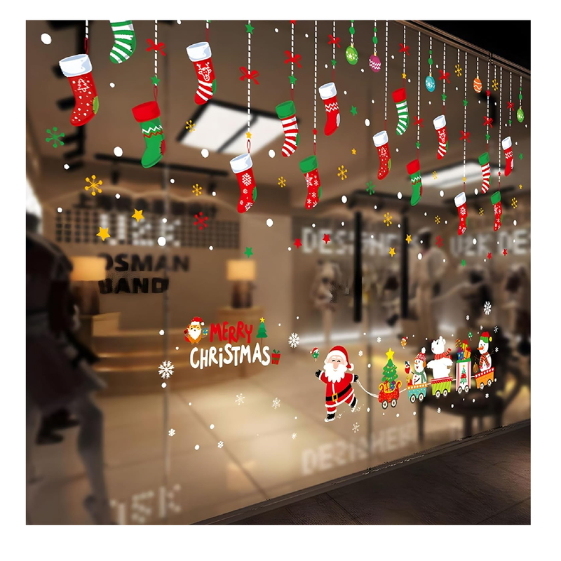 ONDY Merry Christmas Garter Window Glass Decoration Stickers 2024 New Holiday Removable Dress Up DIY Static Window Clings Decals for Living Room Bedroom Shop Window