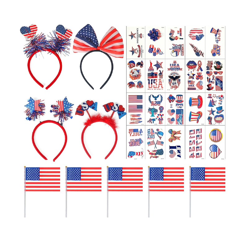 OPUHOHR 29 PCS 4th of July Headbands Temporary Tattoos American Flags on Stick 4th of July American Independence Day Decorations Kit